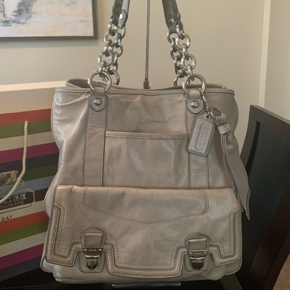 Coach Gray Poppy Camelia Leather 2-Strap Tote